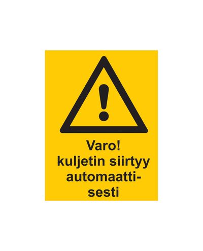 Se upp, transportbandet rör sig automatiskt, Klistermärke, 200x300 mm