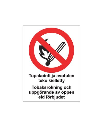 Rökning och öppen eld förbjuden, svenskt, klistermärke, 200x300 mm