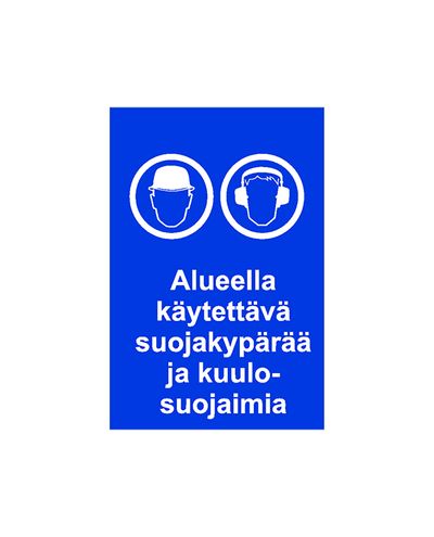 Använd skyddshjälm och hörselskydd i området, klistermärke, 200x300 mm