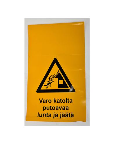 Se upp för snö och is som faller från taket - varningsskylt att hänga på fastighetsbommen Se upp för snö och is som faller från taket - varningsskylt att hänga på fastighetsbommen