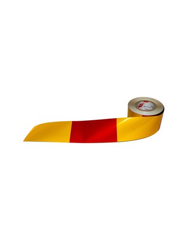 Varningstejp vertikal rand röd/gul R1, 100mm
